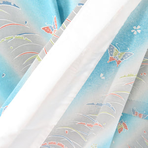 Komon Shibusa and cherry butterfly pattern Single collar wide collar blue -gray gray polyester Washable kimono tailor -tailored 163cm