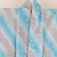 Load image into Gallery viewer, Komon Shibusa and cherry butterfly pattern Single collar wide collar blue -gray gray polyester Washable kimono tailor -tailored 163cm