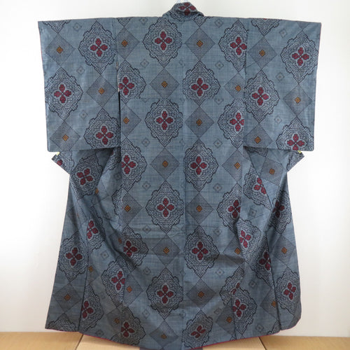 Tsumugi Kimono Antique pongee Kaun blue blue, lined wide collar Showa Retro Old Kimono Studio 156cm