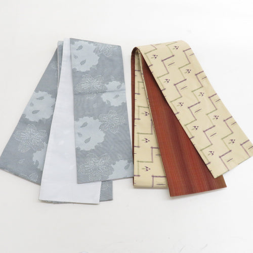 Half -width band polyester 2 sets of cherry blossom patterns x Kasuri pattern gray color x light brown -colored half -width kimono belt