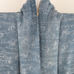 Komon Edo landscape sentence lined wide collar gray blue blue pure silk -made casual kimono 153cm