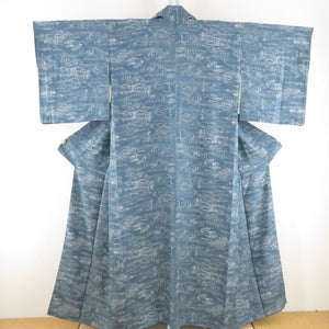 Komon Edo landscape sentence lined wide collar gray blue blue pure silk -made casual kimono 153cm