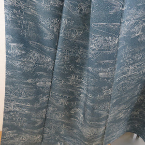 Komon Edo landscape sentence lined wide collar gray blue blue pure silk -made casual kimono 153cm