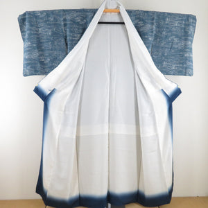 Komon Edo landscape sentence lined wide collar gray blue blue pure silk -made casual kimono 153cm