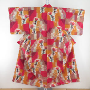 Antique Meisen Kimono Remove Flowers Red Orange Bachi Collar Lined Casual Kimono Kimono Retro Studies 146cm