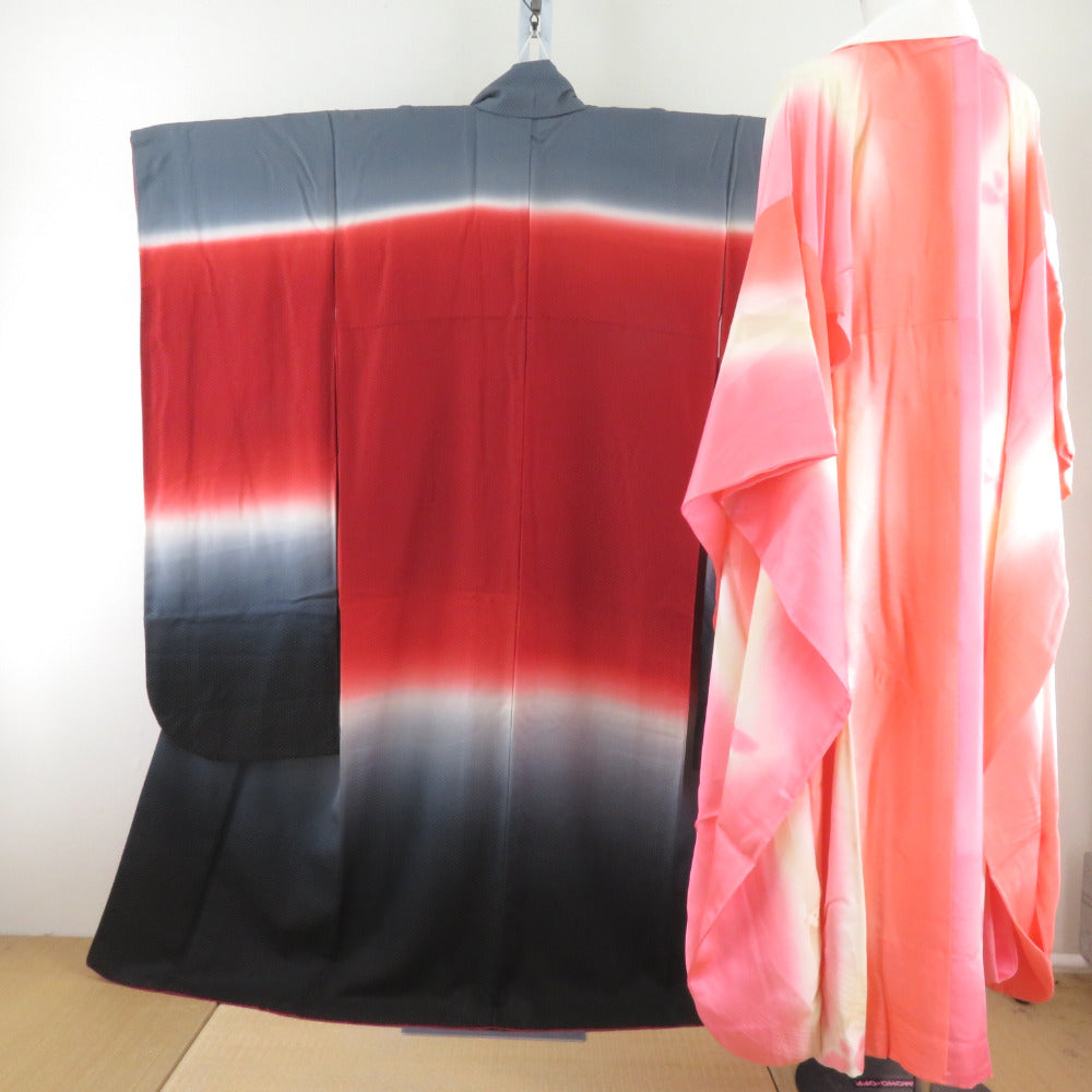 Kimono Nagamurai Set Gin -ki Kaganokanoshai red -black asheshi red -black aspect of silk lined -collar graduation ceremony formal width loose size 165cm