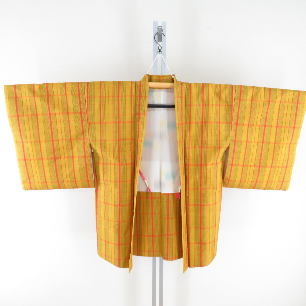 羽織 正絹 紬 格子 黄色 着物コート 和装 ちりよけ【中古】 キモノオフ