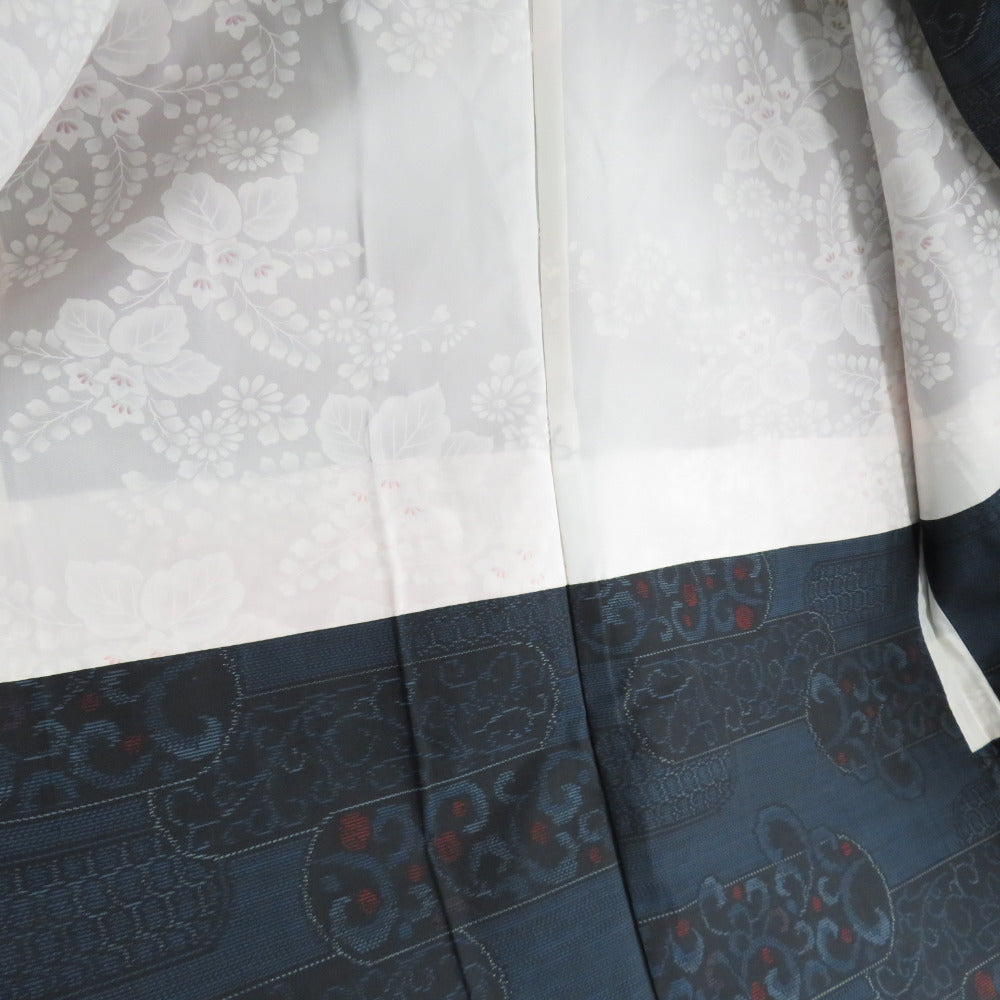 紬 着物 大島紬 アンサンブル 羽織付 ヱ霞華文 袷 広衿 紺黒色 正絹