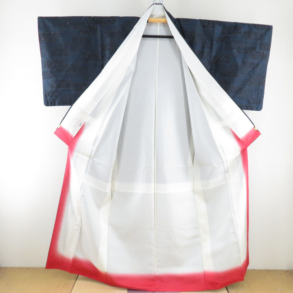 紬 着物 大島紬 アンサンブル 羽織付 ヱ霞華文 袷 広衿 紺黒色 正絹