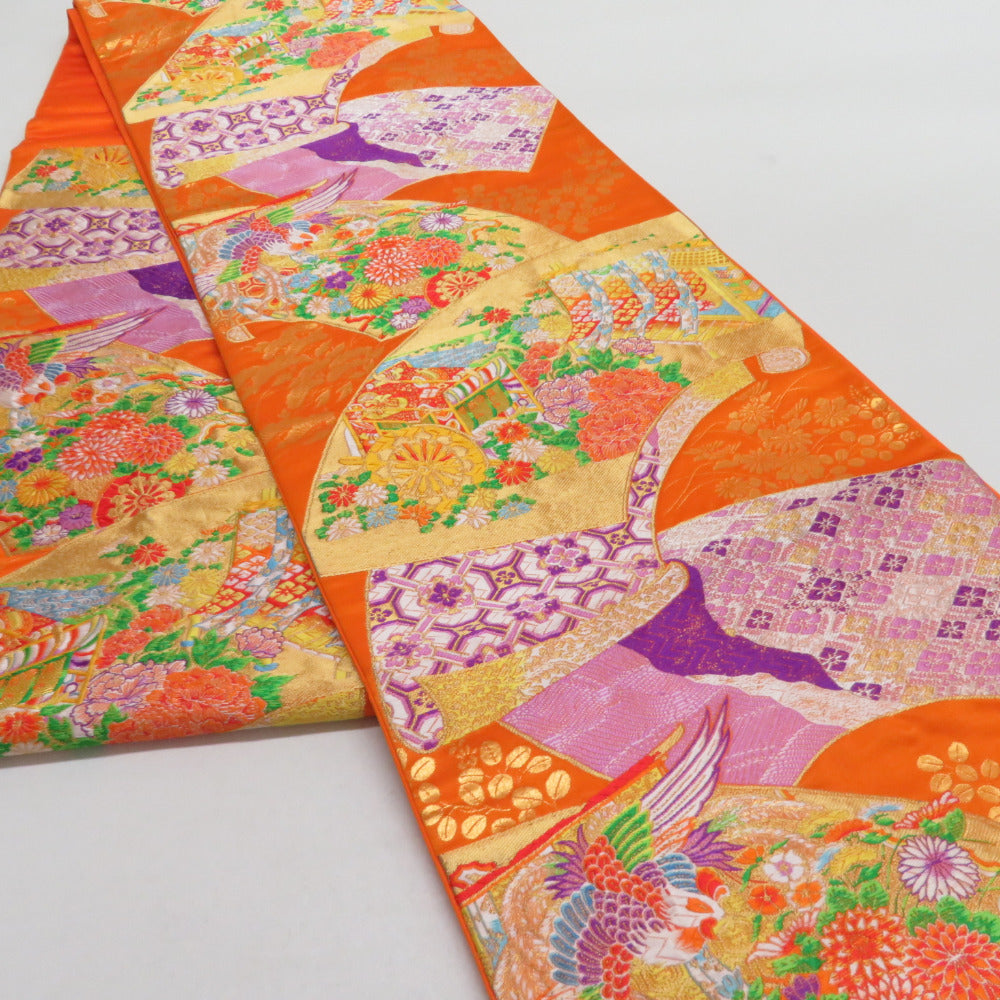 袋帯 扇面御所車文 橙色 金糸 六通柄 正絹 礼装 フォーマル 着物帯 