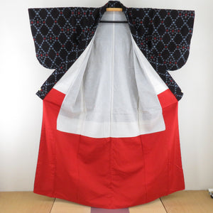 木綿着物 斜め格子 絣文様 藍染 袷仕立て バチ衿 黒紺色 仕立て上がり着物 身丈159cm
