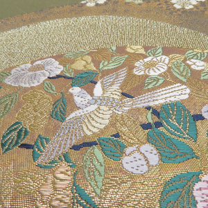袋帯 裂取花鳥文 茶緑色 金糸 六通柄 正絹 礼装 フォーマル 着物帯 長さ452cm
