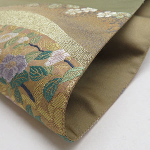 袋帯 裂取花鳥文 茶緑色 金糸 六通柄 正絹 礼装 フォーマル 着物帯 長さ452cm