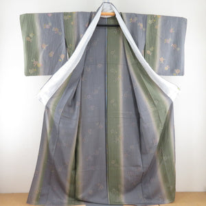 小紋 箔 ぼかし 縞に桜文様 単衣 広衿 正絹 緑色 青紫色 仕立て上がり カジュアル 身丈163cm