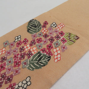 名古屋帯 縮緬 型絵染 紫陽花 染め文様 正絹 薄橙色 お太鼓柄 九寸帯 カジュアル 長さ350cm