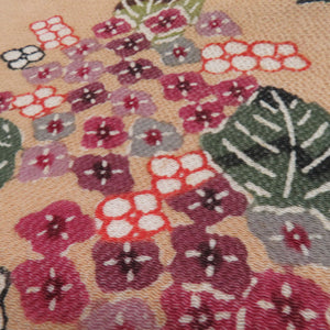 名古屋帯 縮緬 型絵染 紫陽花 染め文様 正絹 薄橙色 お太鼓柄 九寸帯 カジュアル 長さ350cm