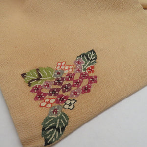 名古屋帯 縮緬 型絵染 紫陽花 染め文様 正絹 薄橙色 お太鼓柄 九寸帯 カジュアル 長さ350cm