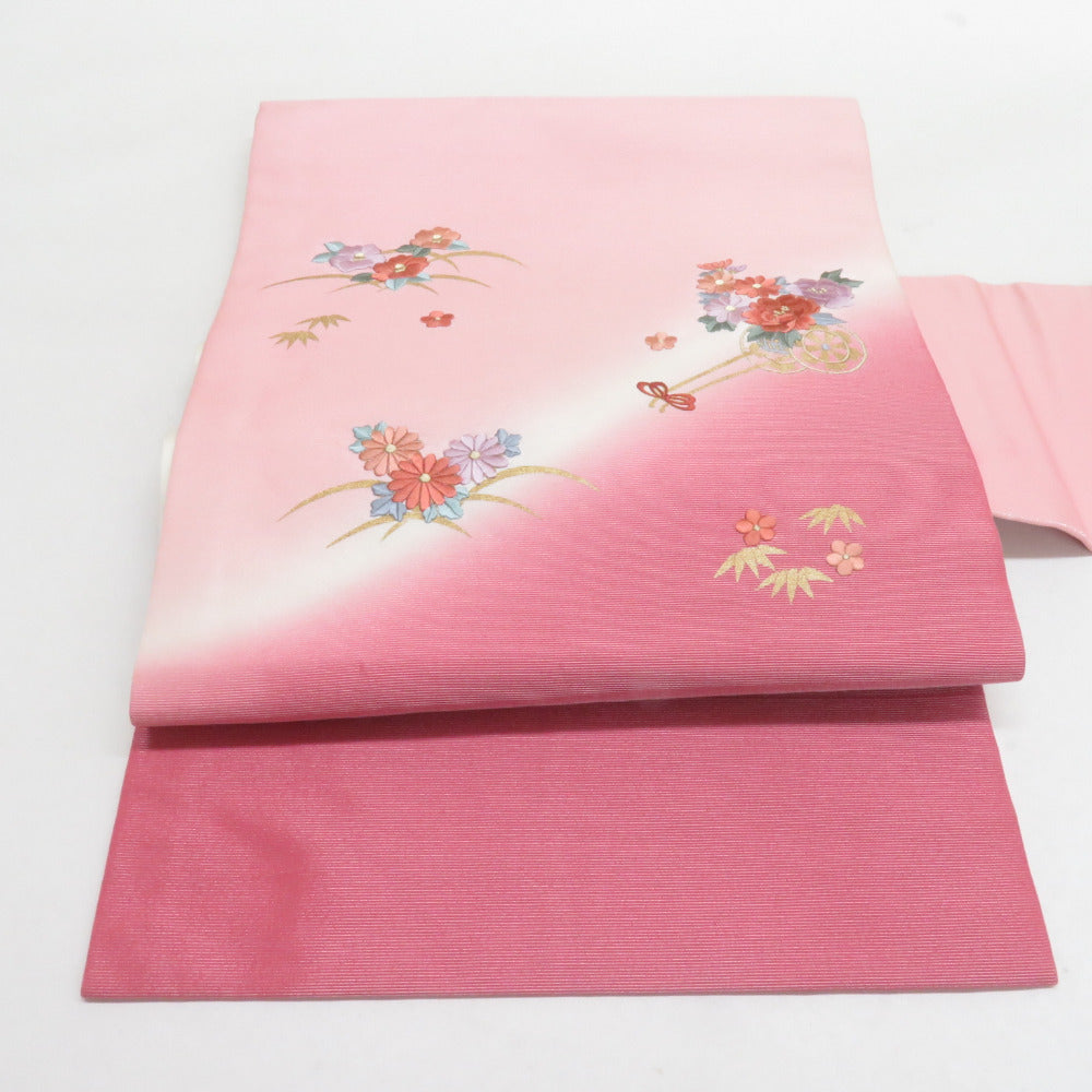 名古屋帯 刺繍 染め分け 花車文様 正絹 白色 桃紫色 お太鼓柄 九寸帯