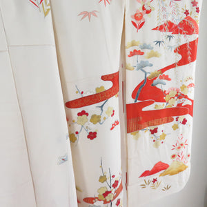 振袖 花吉祥文様 刺繍 箔 ベージュ色 正絹 袷 広衿 成人式 卒業式 フォーマル 昭和レトロ 身丈155cm