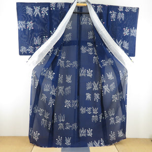 夏着物 小紋 単衣 絽 夏用 野花文様 正絹 青紺色 広衿 仕立て上がり 薄物 身丈159cm