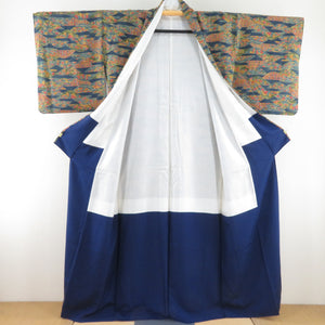小紋 山並みに花文様 袷 広衿 紺色 正絹 仕立て上がり カジュアル着物 身丈157cm