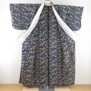 小紋 縮緬 菊文様 単衣 広衿 紺色 正絹 仕立て上がり カジュアル着物 身丈152cm