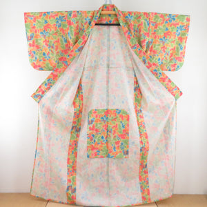 ウール着物 単衣 絵画風の花文様 染め柄 ライムイエロー色 バチ衿 カジュアルきもの 普段着物 仕立て上がり 身丈158cm