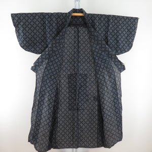 夏着物 麻 花菱 アンティーク 単衣 バチ衿 黒紺色 夏用 女性用 夏物 かすり 仕立て上がり 身丈140cm