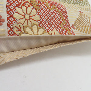 袋帯 唐織刺繍 市松華文様 ベージュ色 金糸 六通柄 正絹 礼装 フォーマル 着物帯 長さ440cm
