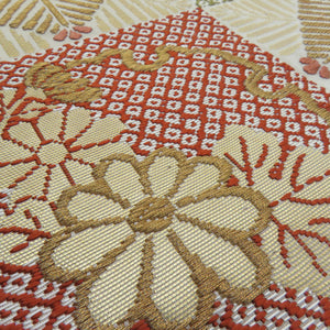 袋帯 唐織刺繍 市松華文様 ベージュ色 金糸 六通柄 正絹 礼装 フォーマル 着物帯 長さ440cm