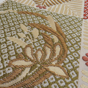 袋帯 唐織刺繍 市松華文様 ベージュ色 金糸 六通柄 正絹 礼装 フォーマル 着物帯 長さ440cm