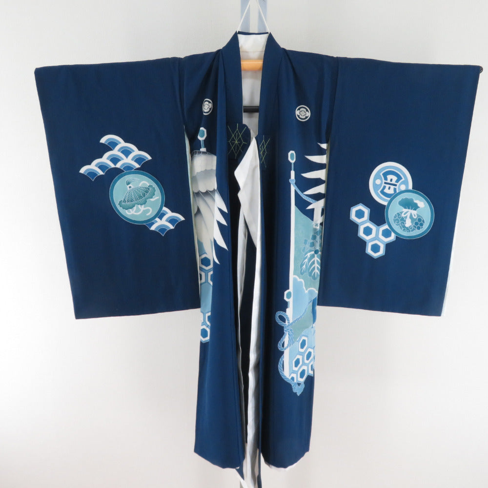 男の子用　着物 子供着物 男の子用 四つ身 襦袢セット 青色 鷹文様 正絹 5歳 5