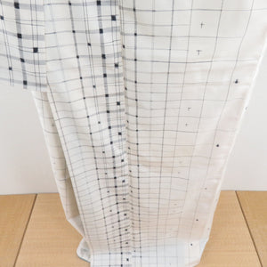 紬 着物 変わり格子 白色 袷 広衿 正絹 カジュアル着物 仕立て上がり 身丈161cm