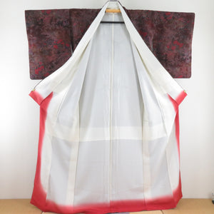 小紋 縮緬 箔 花鳥文様 袷 広衿 赤茶色 正絹 仕立て上がり カジュアル着物 身丈160cm
