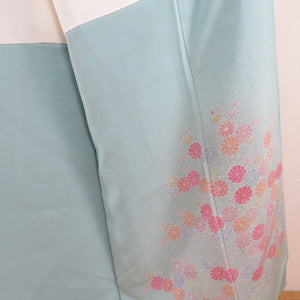 訪問着 たたき染め 菊文様 薄緑色 袷 広衿 作家物 落款付 正絹 一つ紋 木瓜紋 仕立て上がり着物 身丈158cm