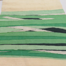 画像をギャラリービューアに読み込む, 名古屋帯 紬地 ろうけつ染め 抽象文様 黄色 正絹 お太鼓柄 九寸帯 カジュアル 仕立て上がり 長さ353cm