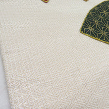 画像をギャラリービューアに読み込む, 名古屋帯 パッチワーク刺繍 扇面文様 金通し ベージュ色 正絹 お太鼓柄 九寸帯 カジュアル 仕立て上がり 長さ360cm