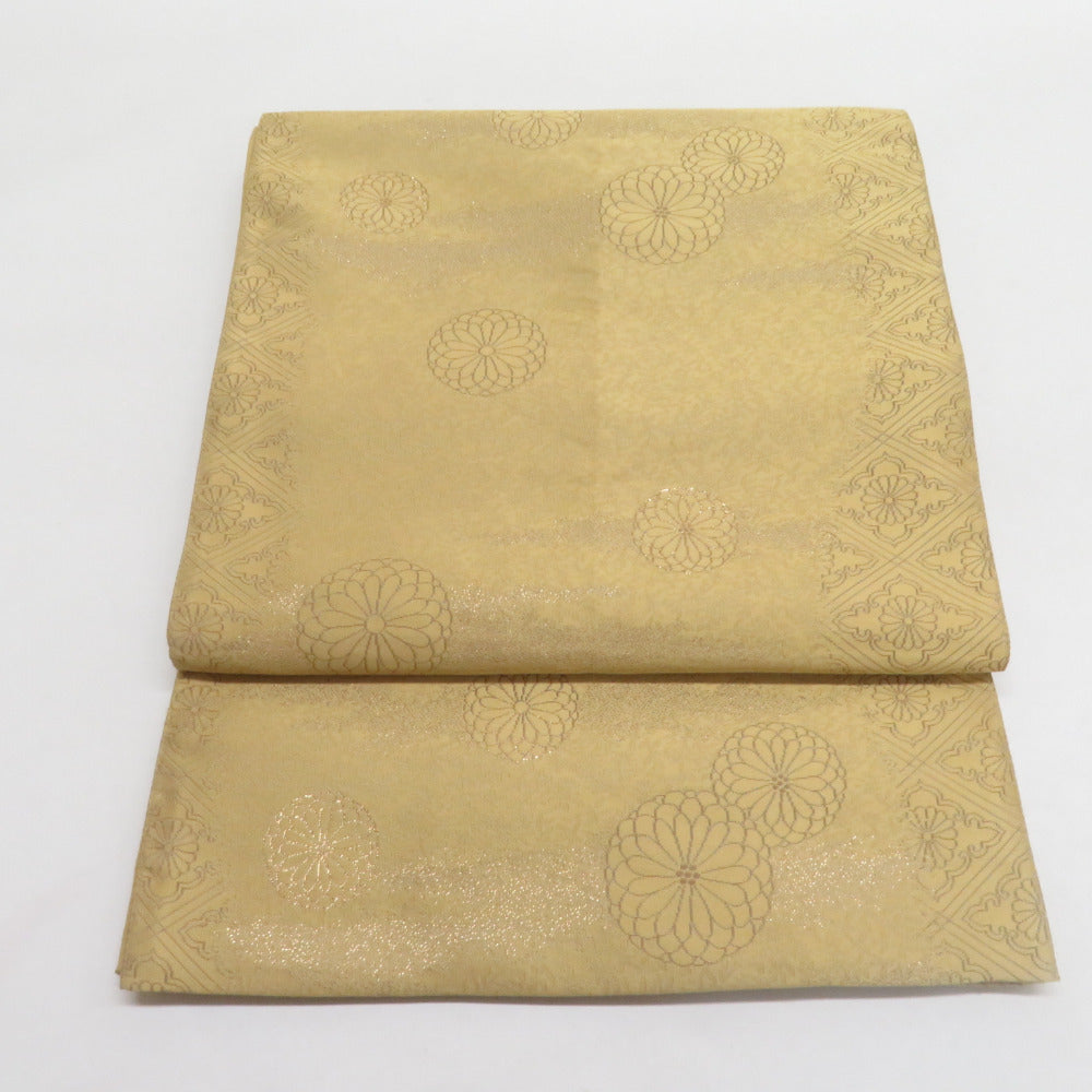 袋帯 紹巴織 君子菊文様 正絹 六通柄 黄土色 セミフォーマル 仕立て