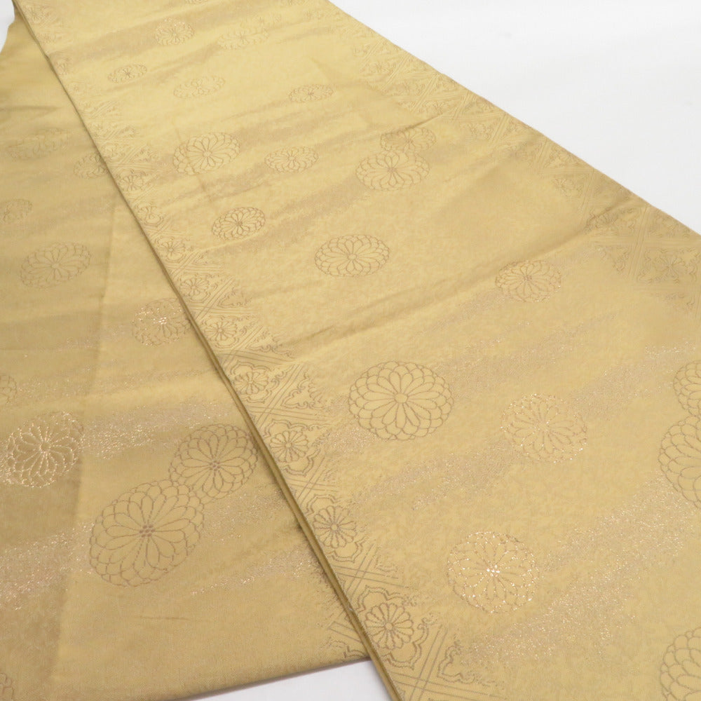 袋帯 紹巴織 君子菊文様 正絹 六通柄 黄土色 セミフォーマル 仕立て