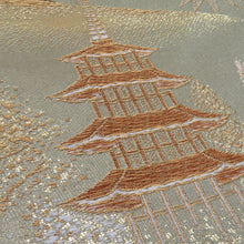 画像をギャラリービューアに読み込む, 袋帯 五重塔文様 灰緑色 金糸 六通柄 正絹 礼装 フォーマル 着物帯 長さ420cm