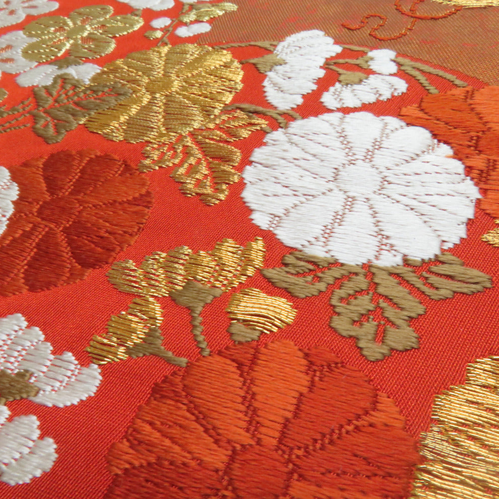 河合美術織物 袋帯 花丸文様 桜 菊 梅 赤橙色 金糸 六通柄 正絹 礼装