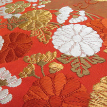 画像をギャラリービューアに読み込む, 河合美術織物 袋帯 花丸文様 桜 菊 梅 赤橙色 金糸 六通柄 正絹 礼装 フォーマル 着物帯 長さ440cm