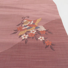 画像をギャラリービューアに読み込む, 名古屋帯 紬 花食い鳥文様 薄紫色 正絹 お太鼓柄 九寸帯 カジュアル 仕立て上がり 長さ361cm