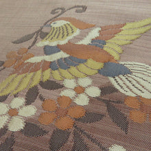 画像をギャラリービューアに読み込む, 名古屋帯 紬 花食い鳥文様 薄紫色 正絹 お太鼓柄 九寸帯 カジュアル 仕立て上がり 長さ361cm