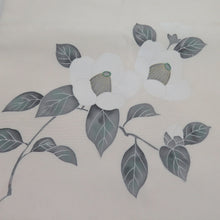 画像をギャラリービューアに読み込む, 名古屋帯 正絹 塩瀬 椿文様 箔 お太鼓柄 九寸帯 白色 カジュアル 仕立て上がり 着物帯 長さ357cm