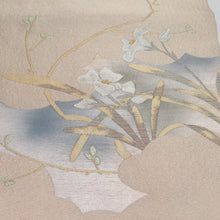 画像をギャラリービューアに読み込む, 名古屋帯 織り柄 綴れ 菖蒲文様 ベージュ色 金糸 正絹 九寸なごや帯 お太鼓柄 カジュアル 仕立て上がり 着物帯 長さ353cm
