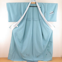 画像をギャラリービューアに読み込む, 付下げ 胡蝶蘭柄 青色 単衣 広衿 ポリエステル 洗える着物 紋なし 仕立て上がり 身丈166cm