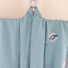 画像をギャラリービューアに読み込む, 付下げ 胡蝶蘭柄 青色 単衣 広衿 ポリエステル 洗える着物 紋なし 仕立て上がり 身丈166cm