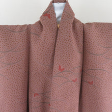 画像をギャラリービューアに読み込む, 小紋 芝草に蝶々 茶色 袷 広衿 ポリエステル 洗える着物 仕立て上がり カジュアル 身丈163cm