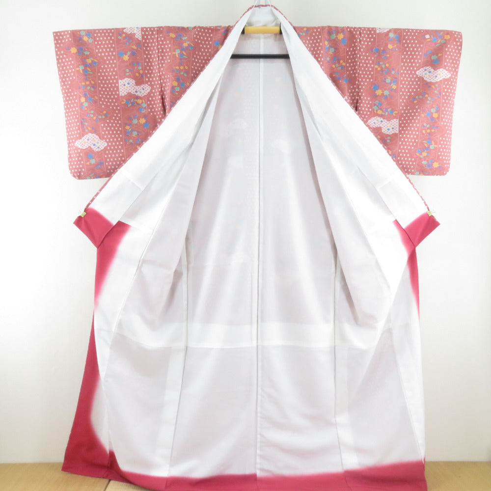小紋 梅に紅葉柄 薄赤色 袷 広衿 ポリエステル 洗える着物 仕立て
